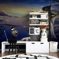 Pirate ship wallpaper mural creating adventure vibes in a cozy kids bedroom with wooden furniture