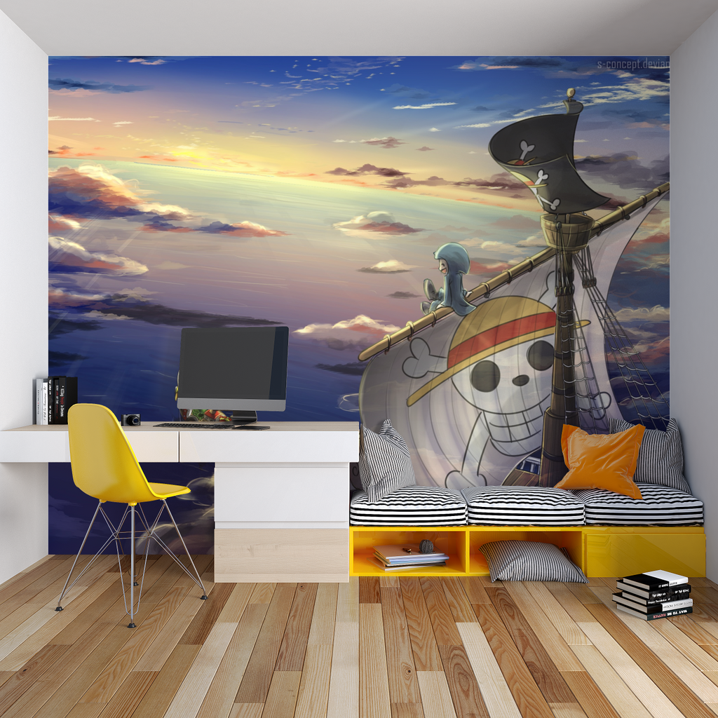 Sunset pirate ship scene adding character to a coastal style bedroom