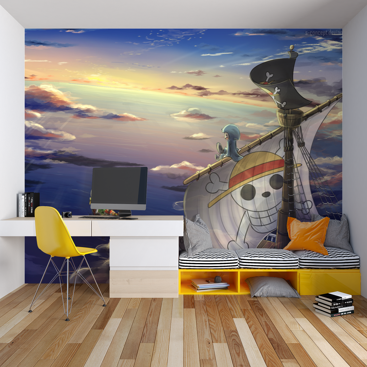 Sunset pirate ship scene adding character to a coastal style bedroom