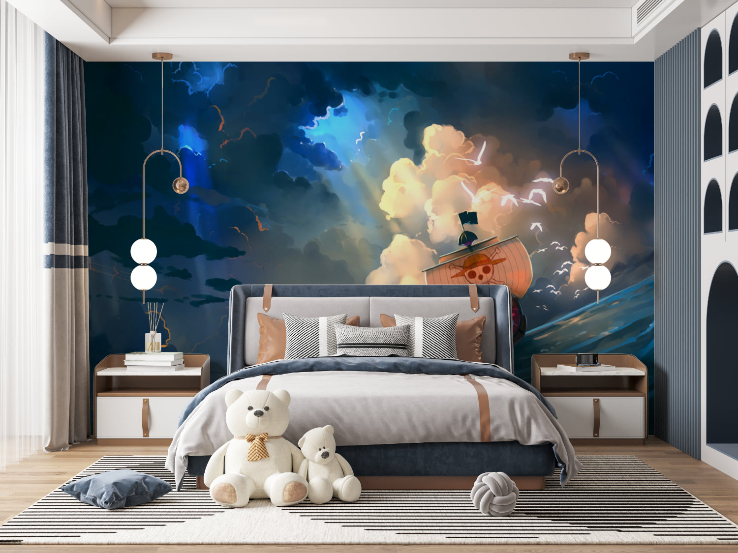 Nautical wall mural creating depth in a modern playroom with reading nook