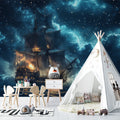 Pirate ship wallpaper creating magic in a cozy kids bedroom with soft night sky glow and starlight effects