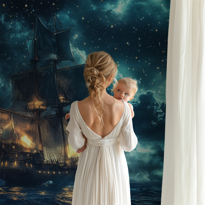 Nautical wall mural bringing adventure to a modern playroom with dramatic ship details
