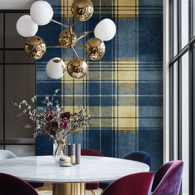 Blue and gold plaid wallpaper creating warmth in a modern dining room with natural lighting