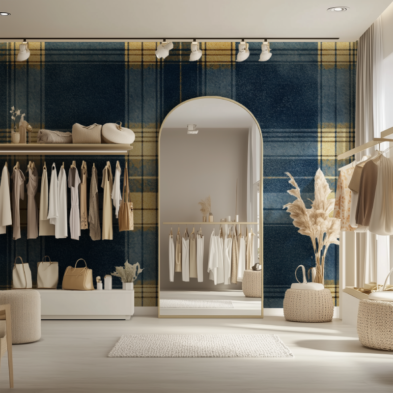 Navy and gold plaid pattern adding sophistication to a master bedroom