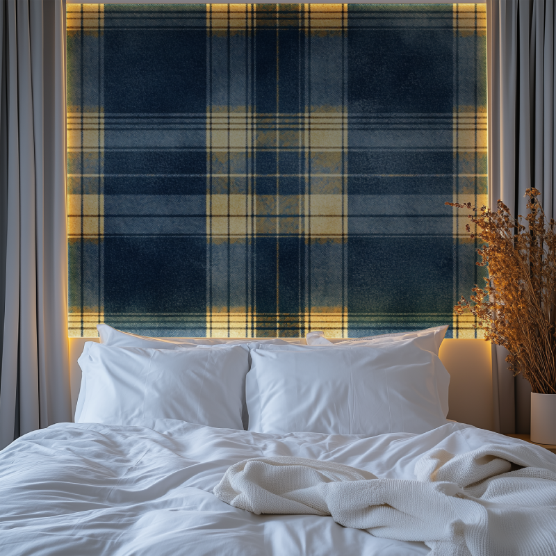 Traditional tartan wallpaper bringing warmth to a modern living room