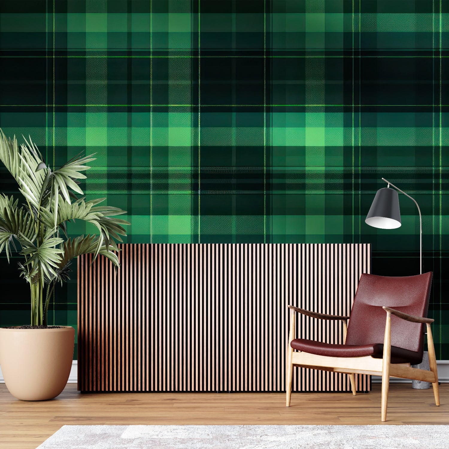 Home office featuring green tartan wallpaper with wooden desk and leather chair