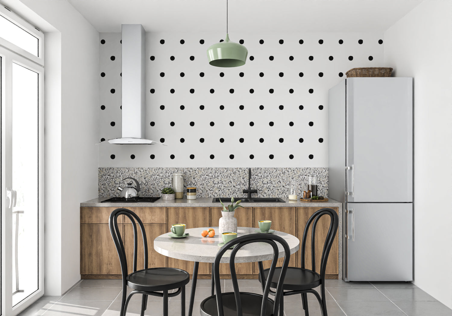 Geometric dot pattern wallpaper creating depth in a contemporary office space