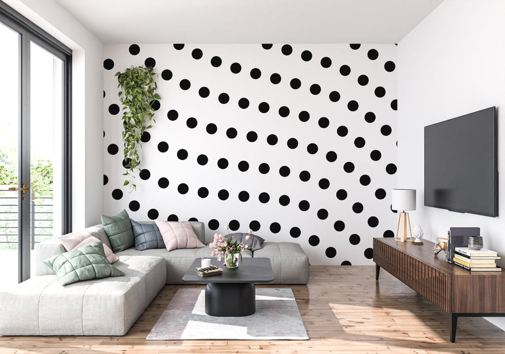 Diagonal dot pattern wallpaper adding depth to bedroom accent wall