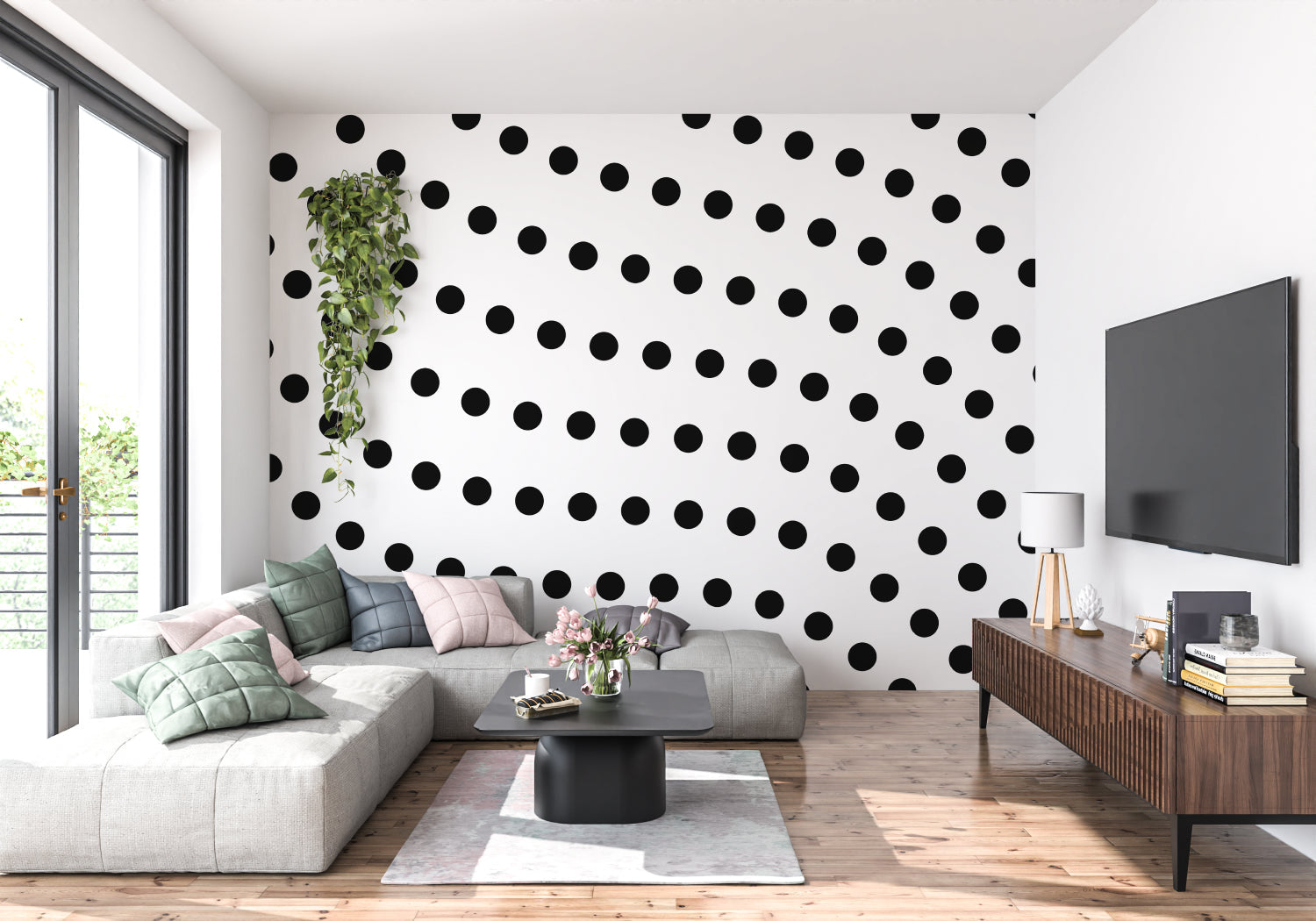Diagonal dot pattern wallpaper adding depth to bedroom accent wall