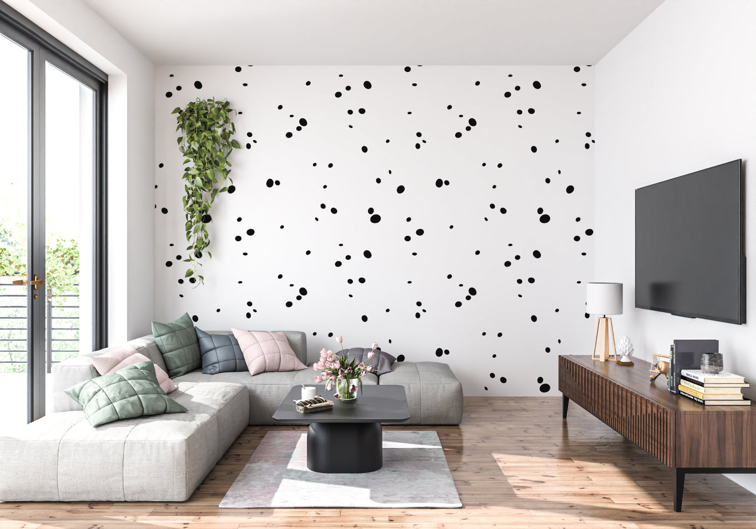 Modern dot wallpaper bringing visual interest to a contemporary bedroom