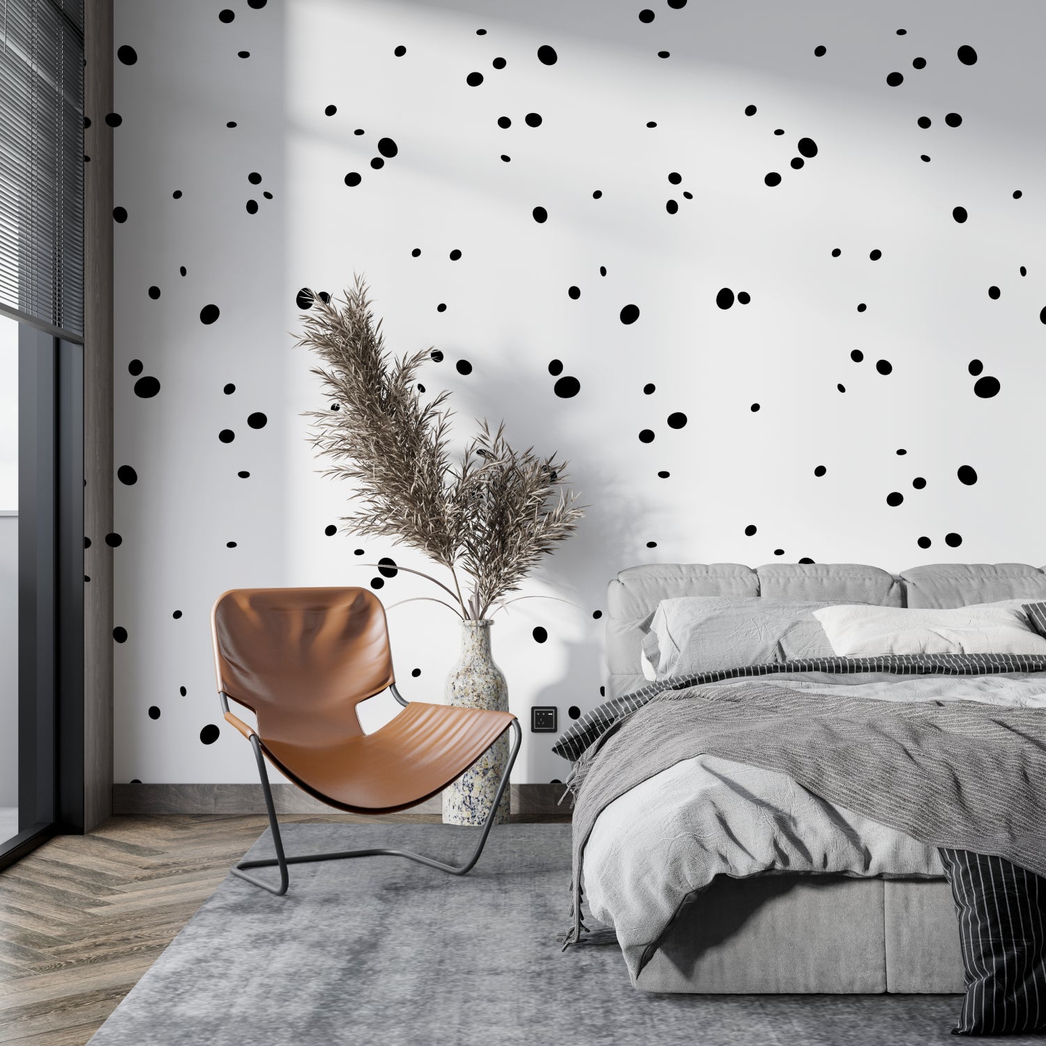 Geometric polka dot wallpaper adding depth to a Scandinavian dining room