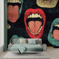 Pop art lips wallpaper creating a bold statement in a modern living room with white furniture