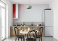Modern Pop Art Dots Wallpaper creating a bold statement in a contemporary living room with red accent furniture