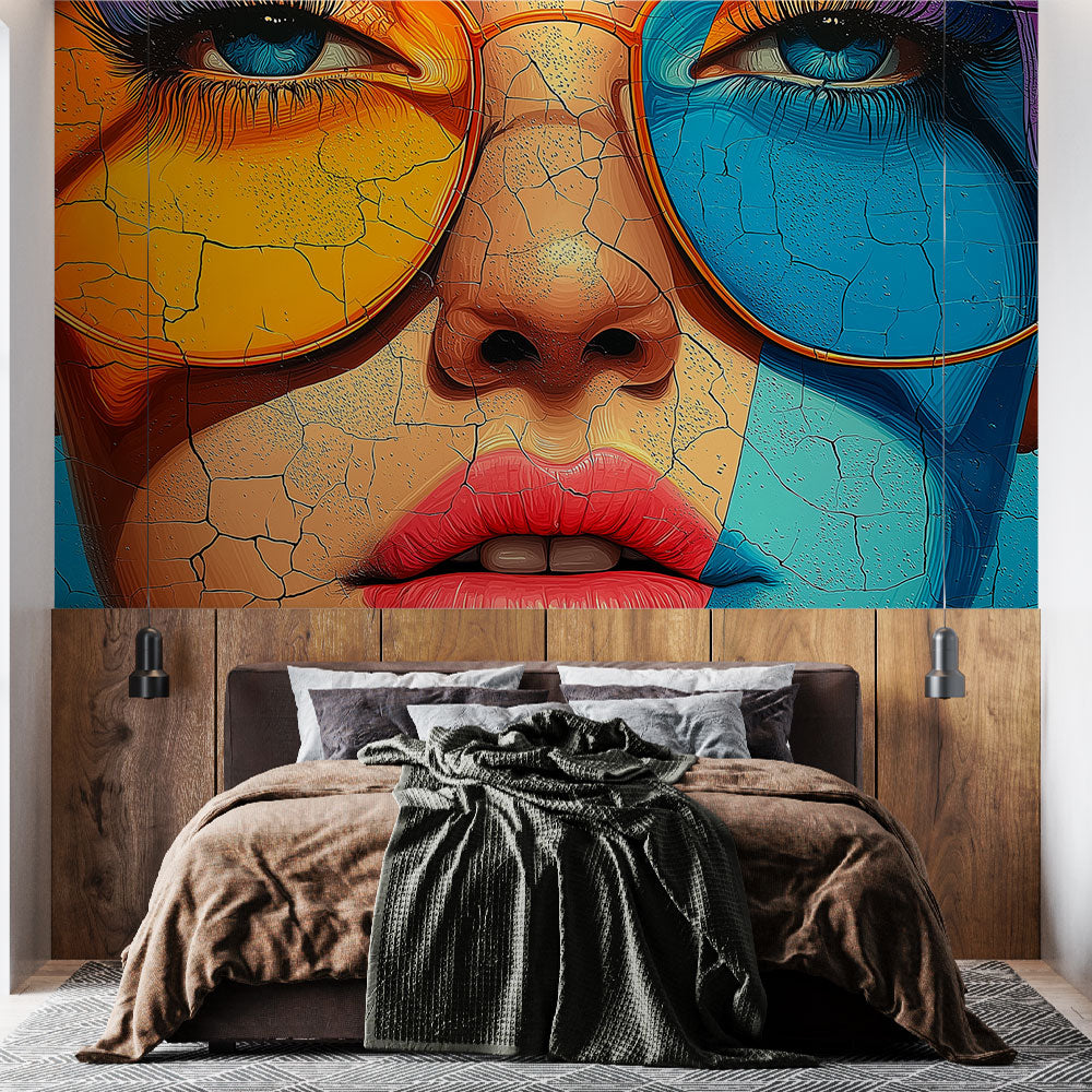 Pop art face wallpaper bringing bold color to a minimalist living room with white furniture and natural light