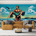 Pop art comic beach wallpaper displayed in a modern living room, showing vibrant turquoise waves and retro comic style