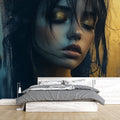 Modern portrait wallpaper with gold and blue tones creating drama in a minimalist living room setting