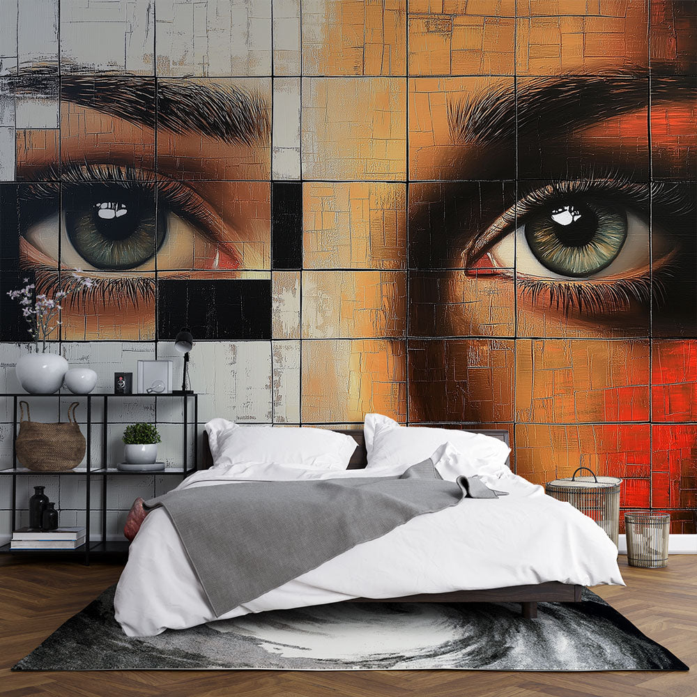 Modern geometric portrait wallpaper creating a stunning focal point in a minimalist living room with natural lighting