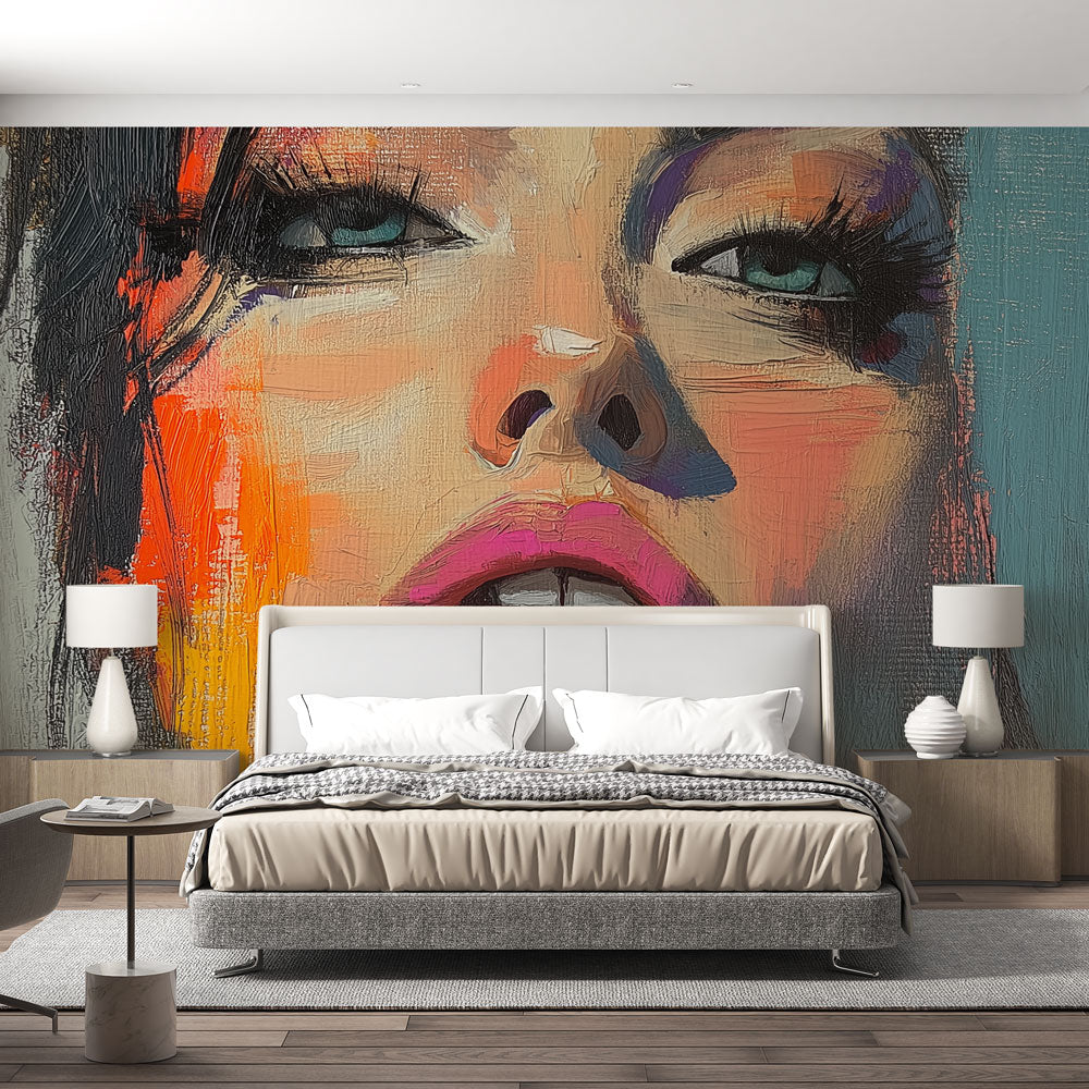 Modern portrait wallpaper creating a stunning focal point in a minimalist living room with natural lighting