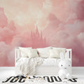 Princess castle wallpaper in a cozy nursery, floating pink clouds create a dreamy atmosphere