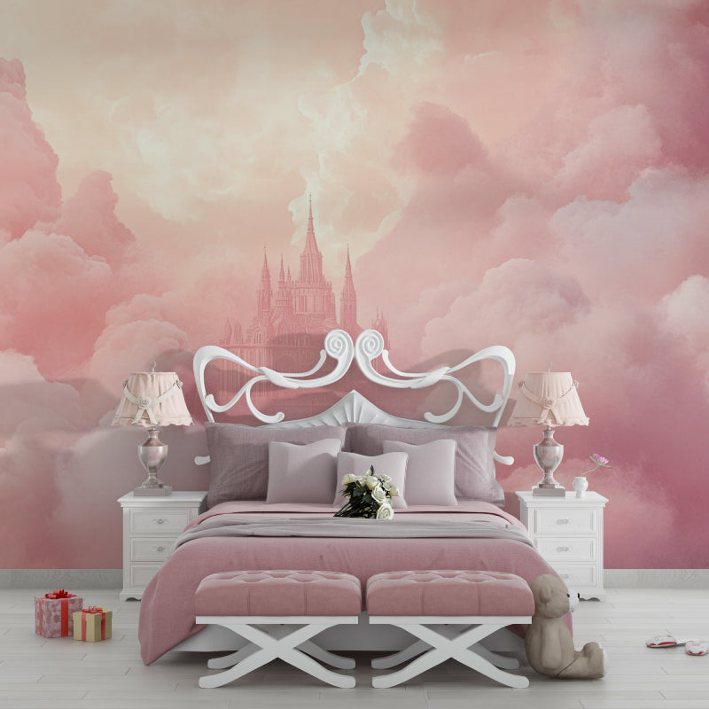 Pink castle mural in a girl's bedroom, soft lighting enhances the magical cloud effect