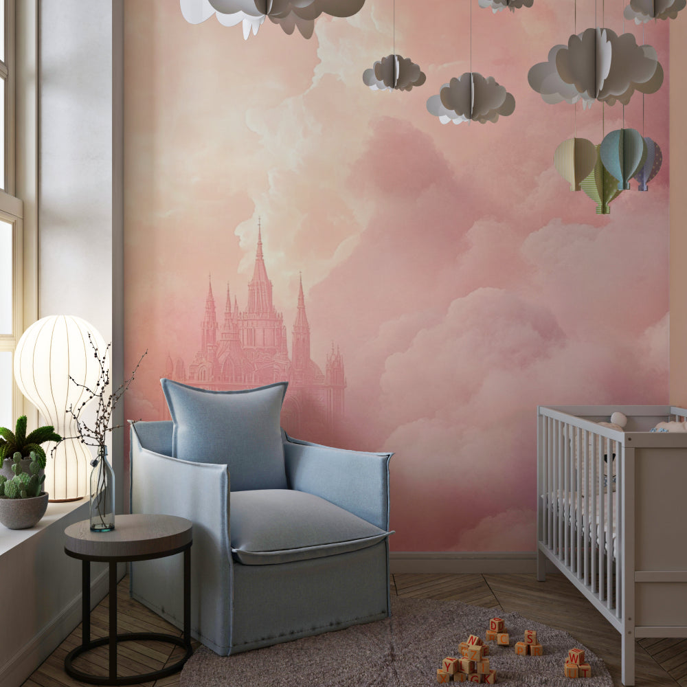 Fantasy castle wallpaper in playroom showing scale and ethereal pink cloud details