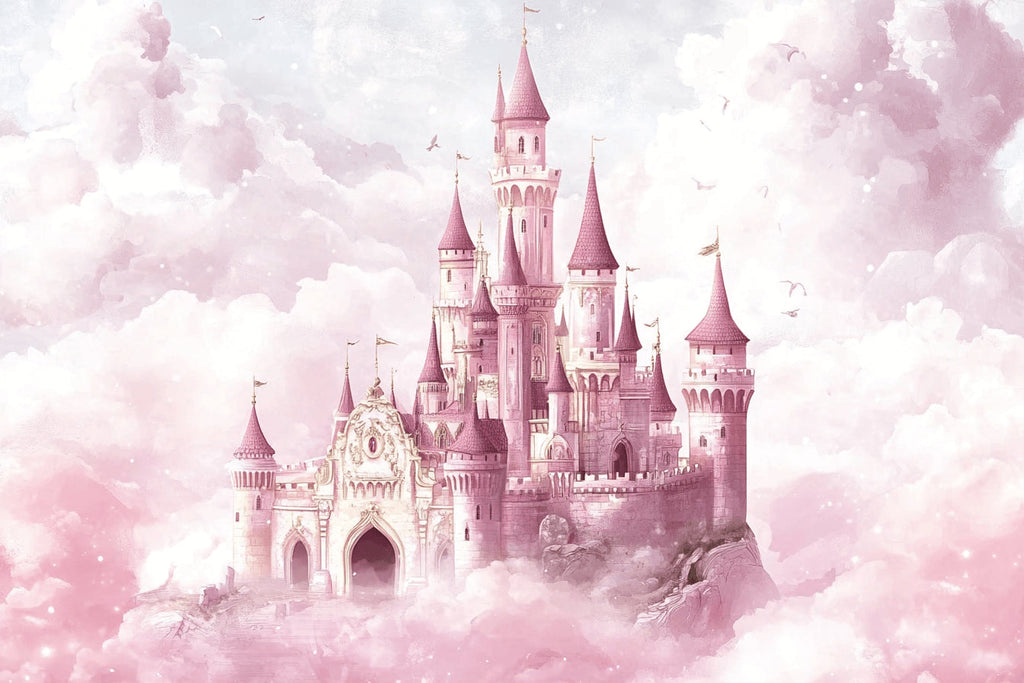 Design file showing detailed pink castle pattern with dreamy clouds and magical elements