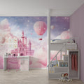 Princess castle wallpaper with pink hot air balloons creating magic in a modern nursery