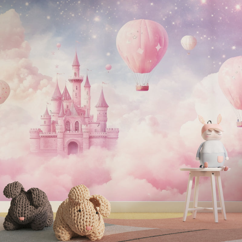 Magical castle mural with floating balloons brightening a girl's bedroom