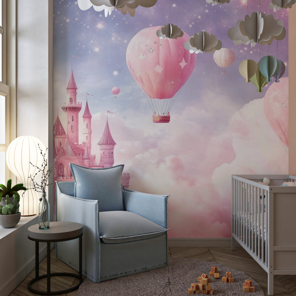 Pink castle wall mural transforming a playroom into a fairy tale setting
