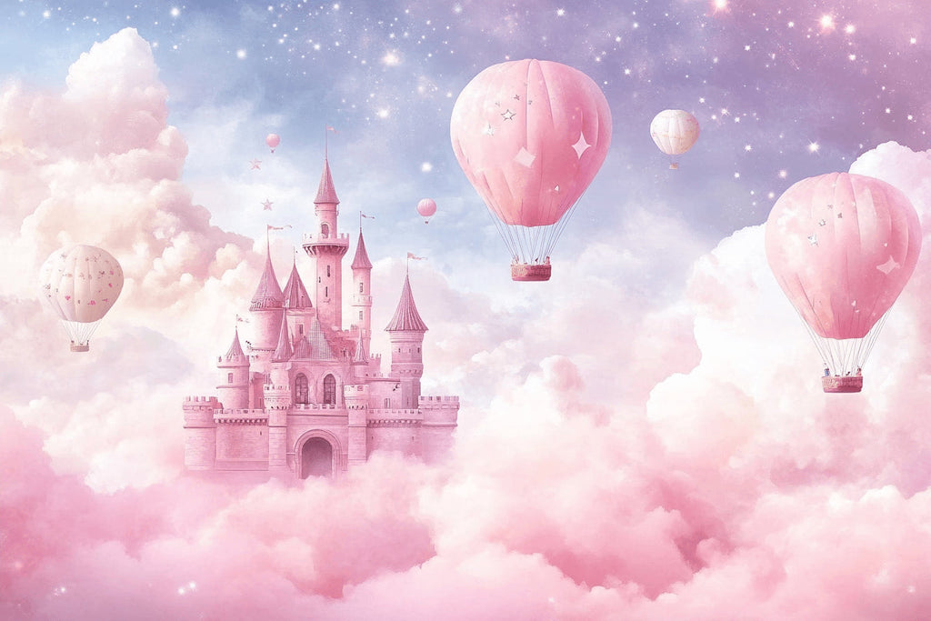 Design file showing detailed castle and hot air balloon pattern in soft pink tones