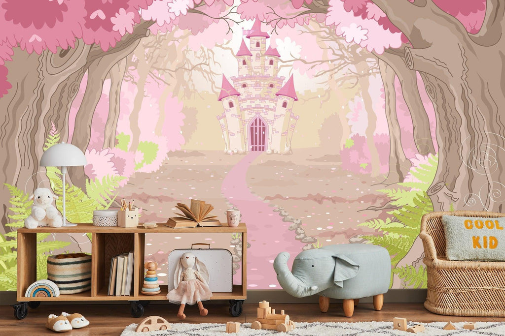 Princess castle wallpaper creating a magical atmosphere in a girl's bedroom with soft pink lighting