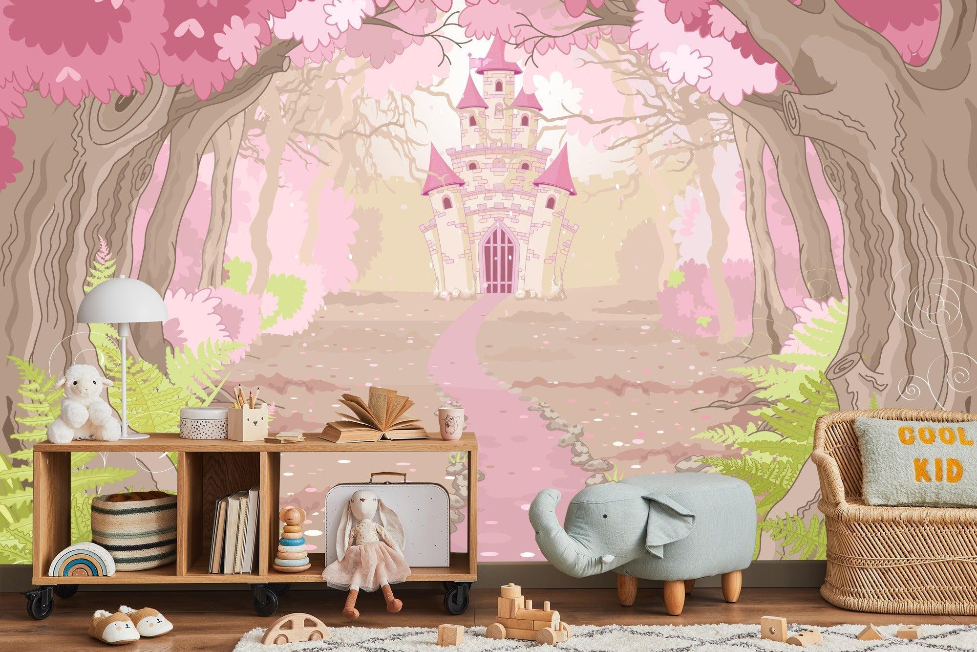 Princess castle wallpaper creating a magical atmosphere in a girl's bedroom with soft pink lighting
