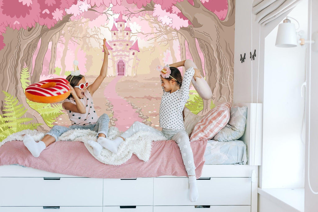 Enchanted castle mural wallpaper displayed in a modern playroom setting