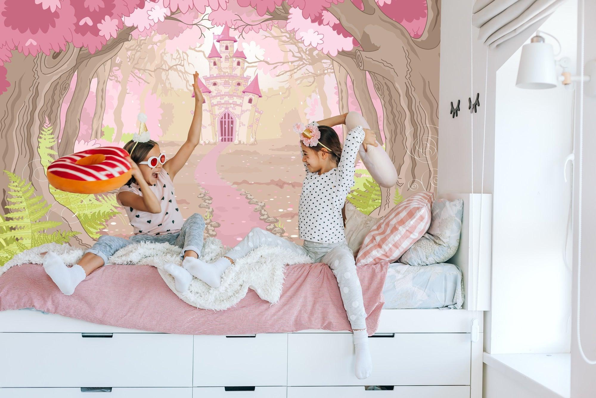Enchanted castle mural wallpaper displayed in a modern playroom setting