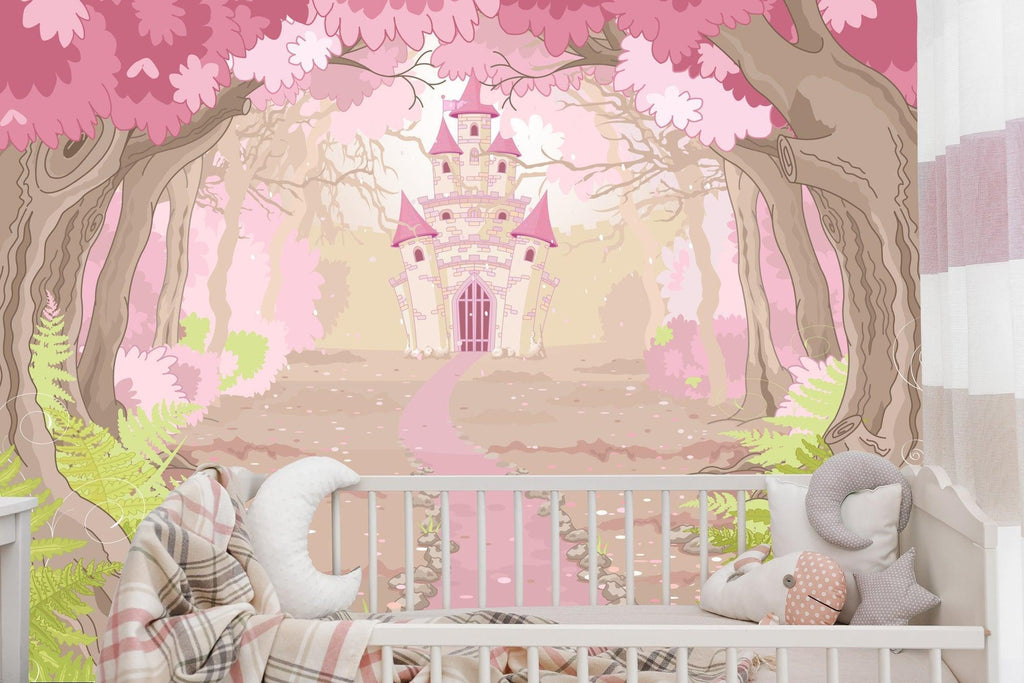 Pink castle wallpaper transforming a reading nook into a magical corner