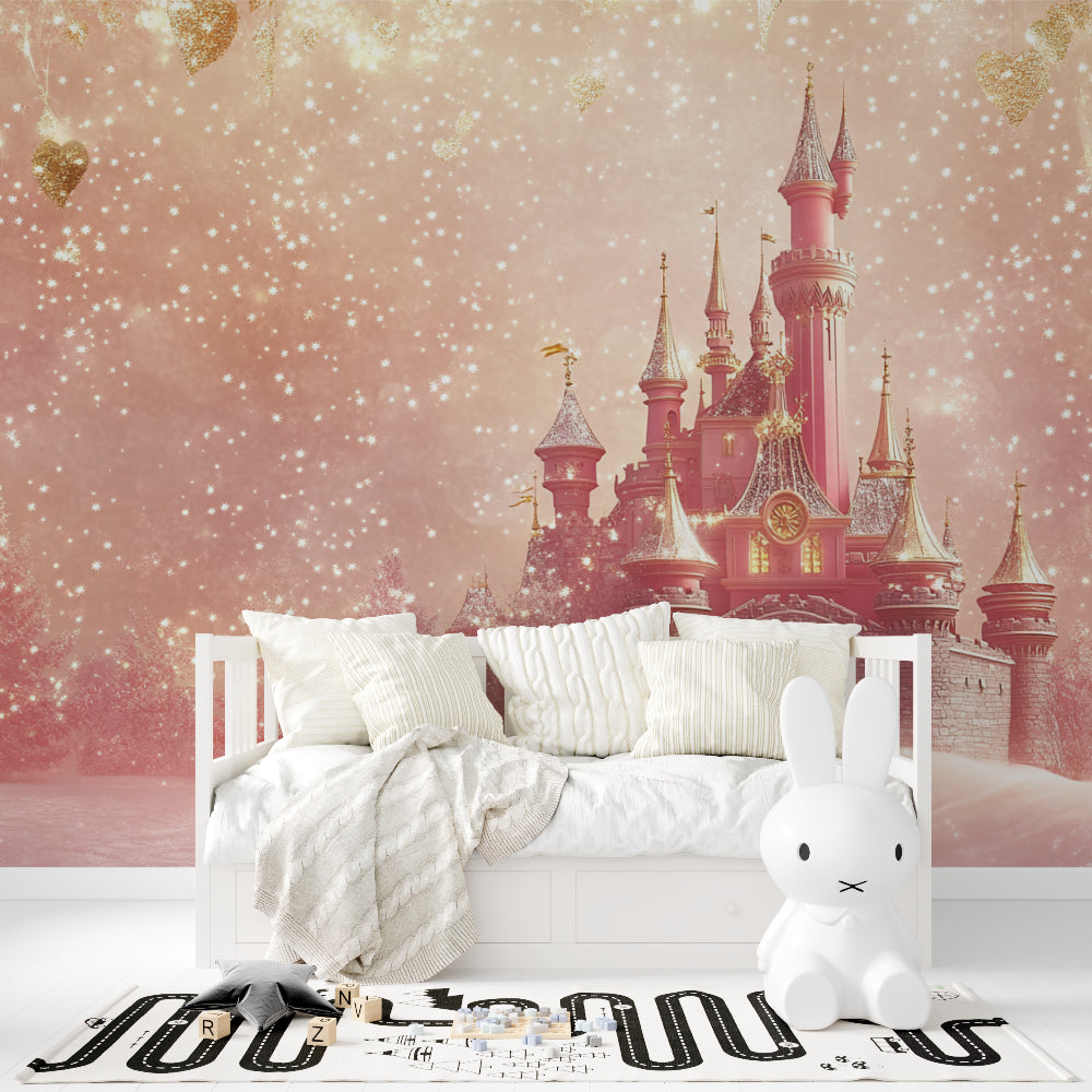 Pink castle mural wallpaper displayed in a dreamy nursery with soft furnishings