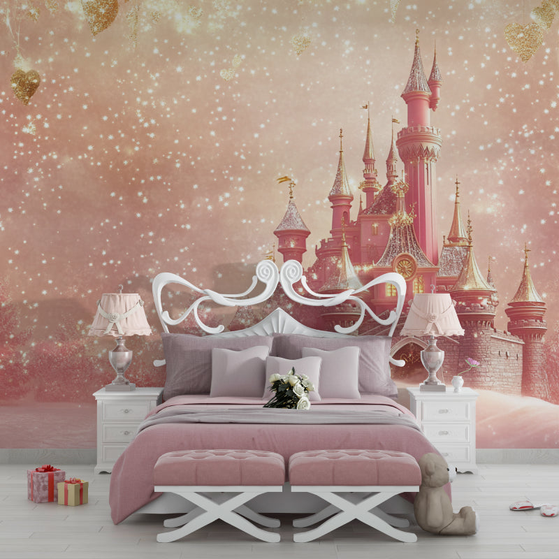 Castle mural adding enchanting touch to a modern girl's bedroom