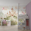 Princess castle wallpaper creating magic in a bright girl's bedroom with soft morning light