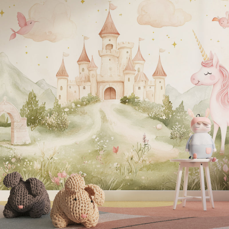 Fairy tale castle mural bringing enchantment to a cozy reading nook