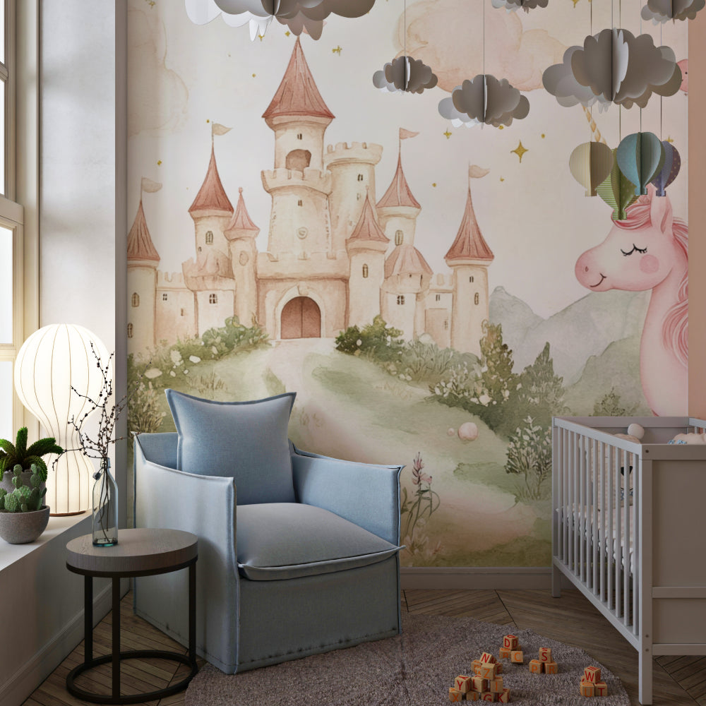 Princess wall mural transforming a playroom into a magical kingdom
