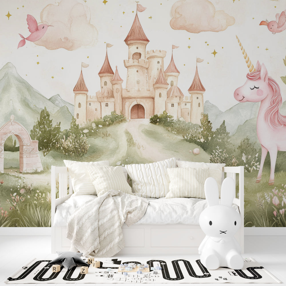 Castle wallpaper design showcased in a dreamy nursery setting