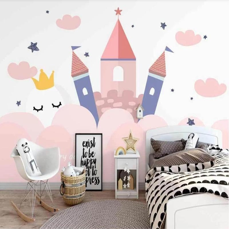 Princess castle wallpaper creating magic in a girl's bedroom with soft pink and blue tones