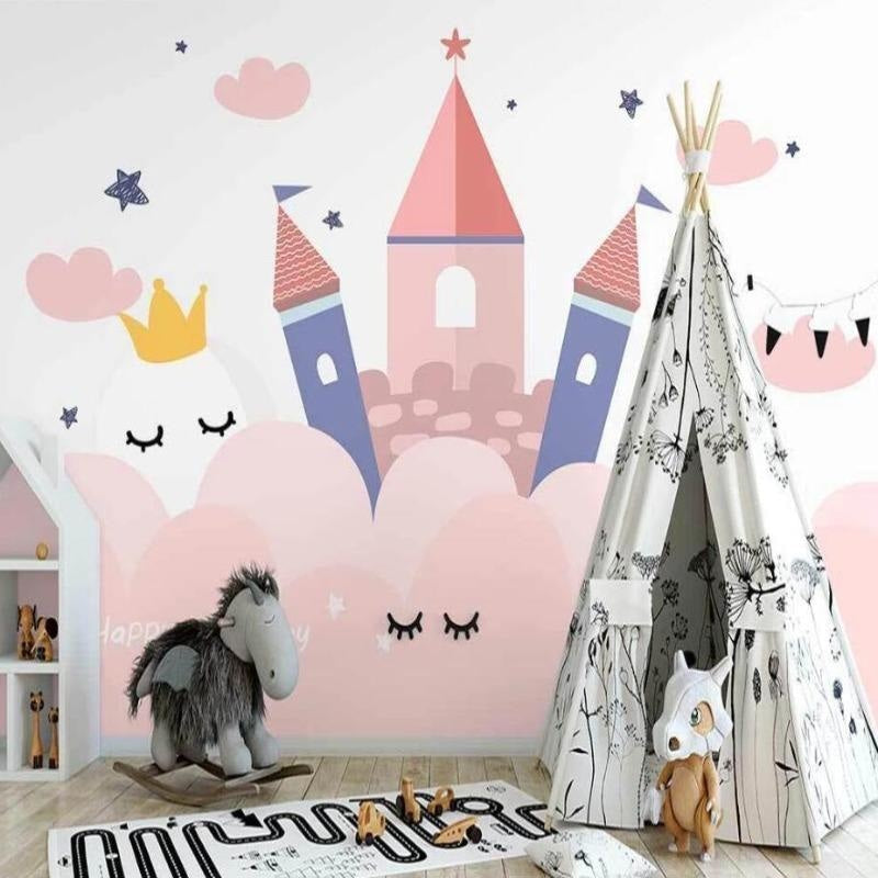 Fairy tale castle mural transforming a nursery with gentle colors and dreamy details