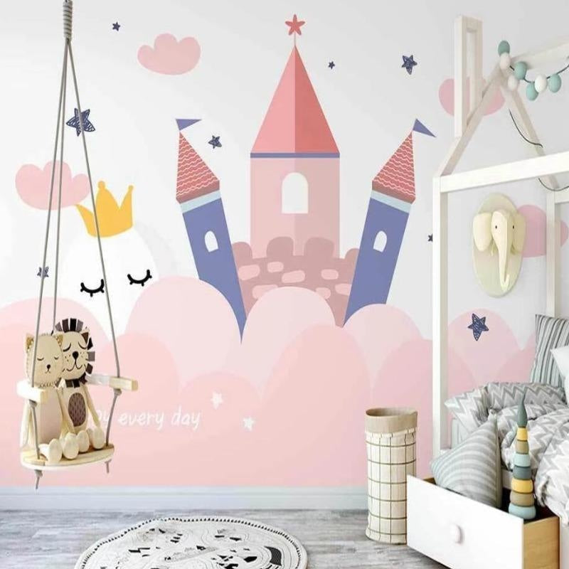 Princess wall mural adding whimsy to a playroom with magical castle design