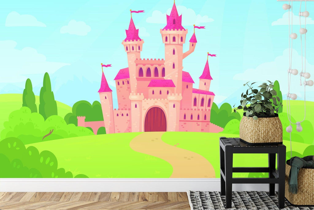 Princess castle wallpaper creating a magical atmosphere in a girl's bedroom, pink palace mural above white furniture