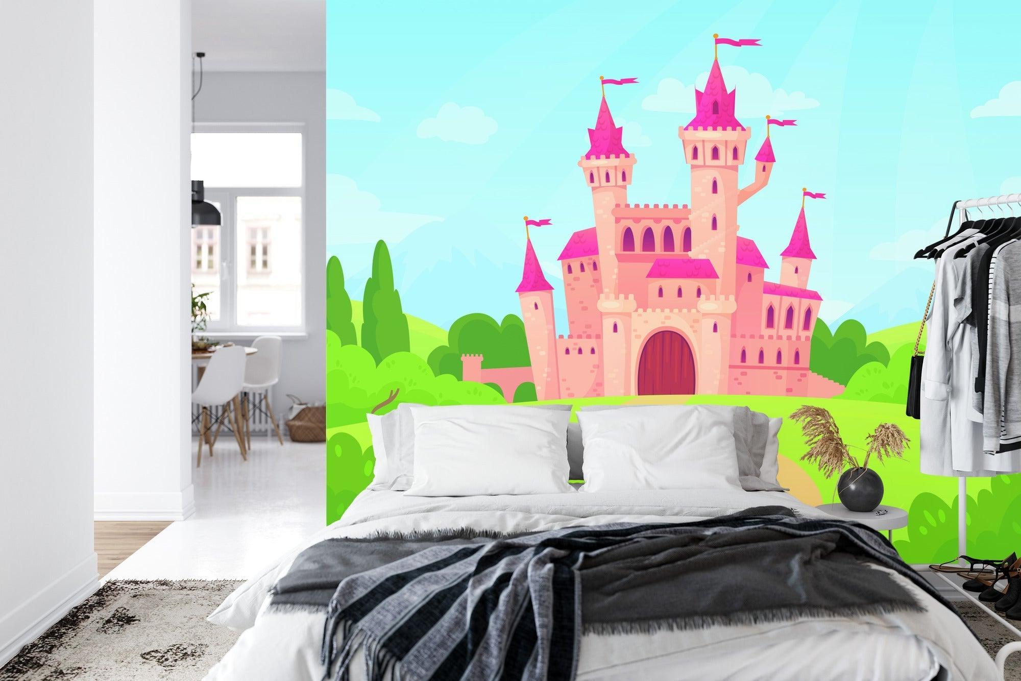 Pink castle wall mural transforming a playroom into an enchanted space, showing scale and room setup