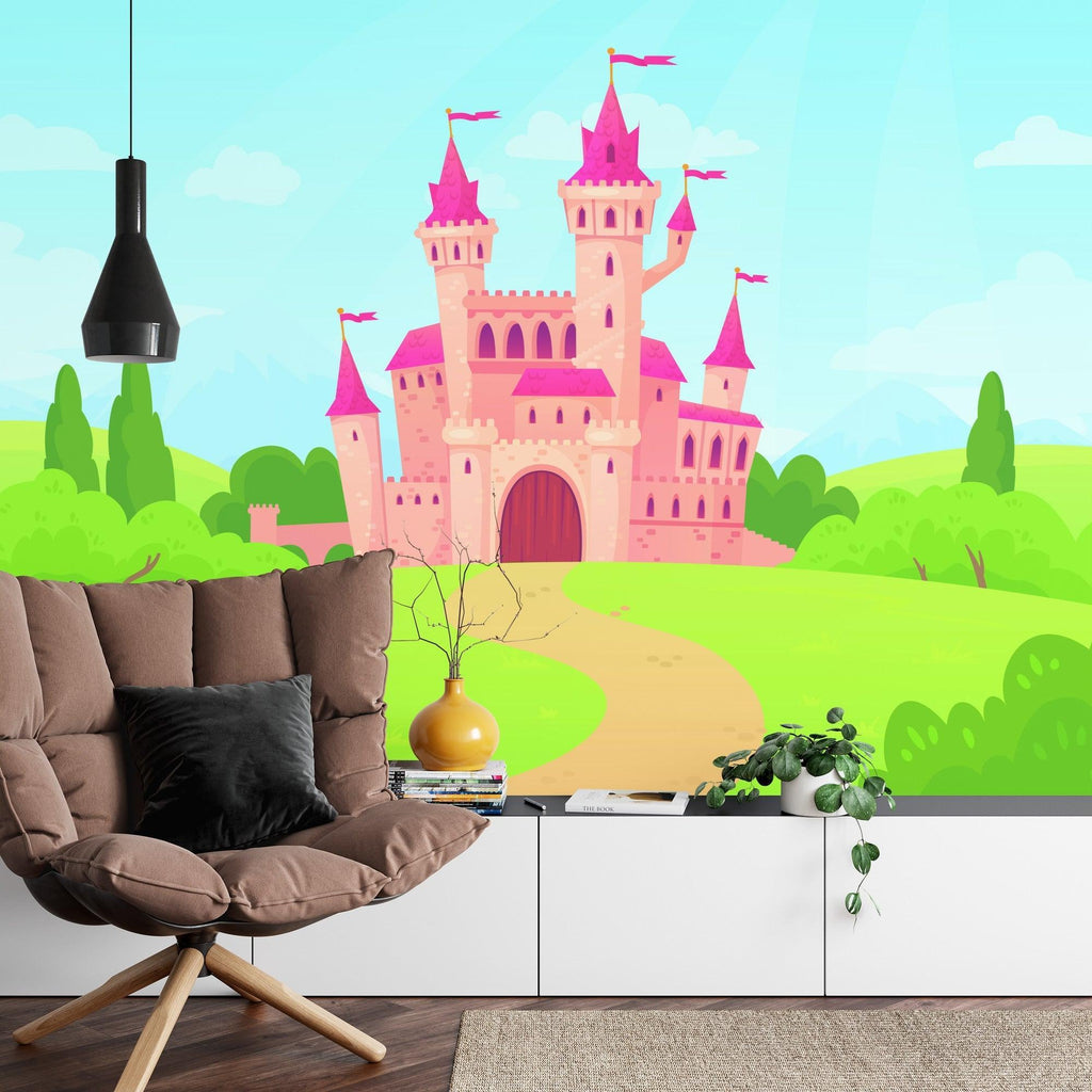 Princess palace wallpaper in a nursery setting, displaying soft pink tones and magical castle details