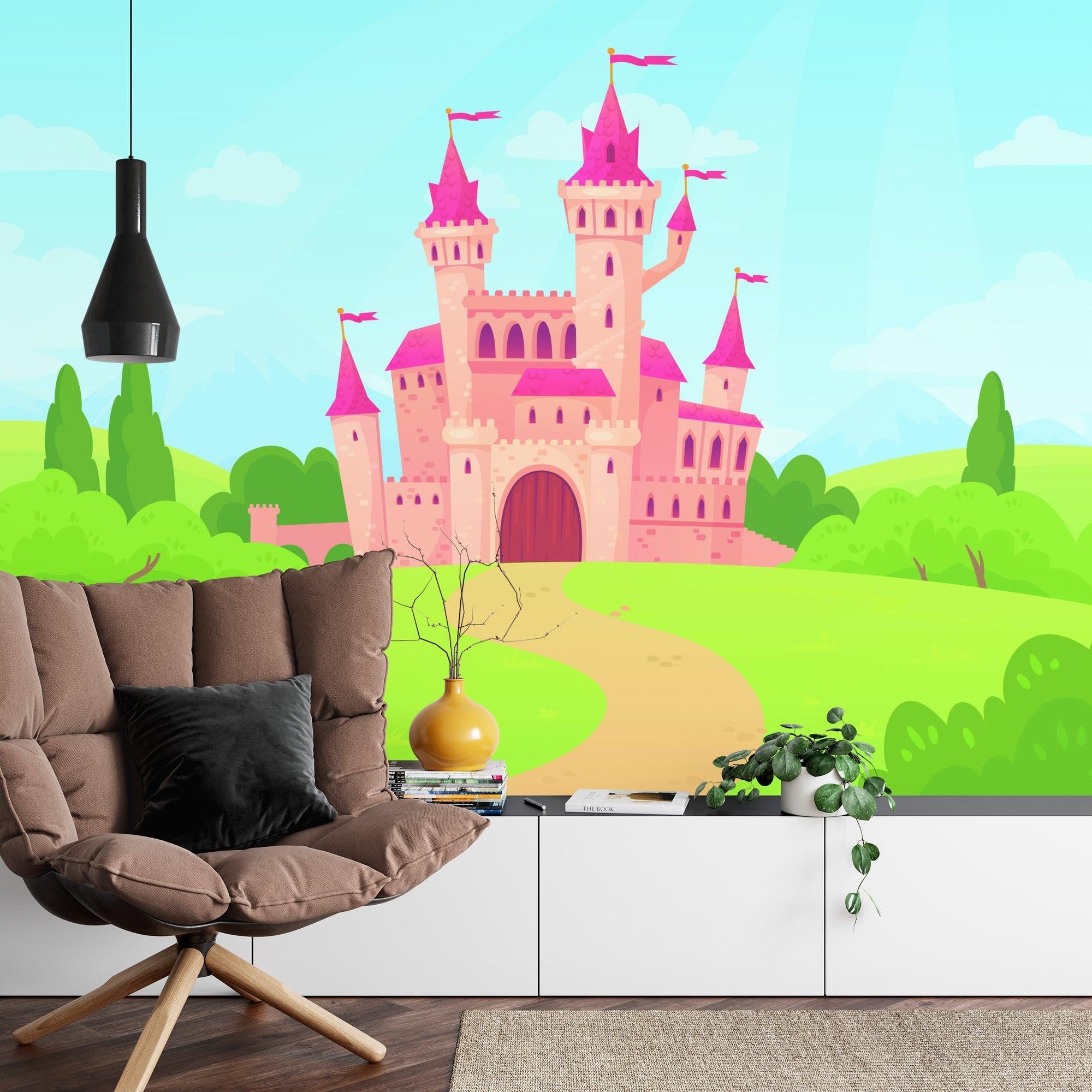 Princess palace wallpaper in a nursery setting, displaying soft pink tones and magical castle details