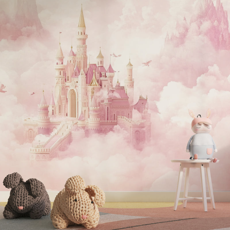Princess castle wall mural in nursery setting with soft pink and gold tones