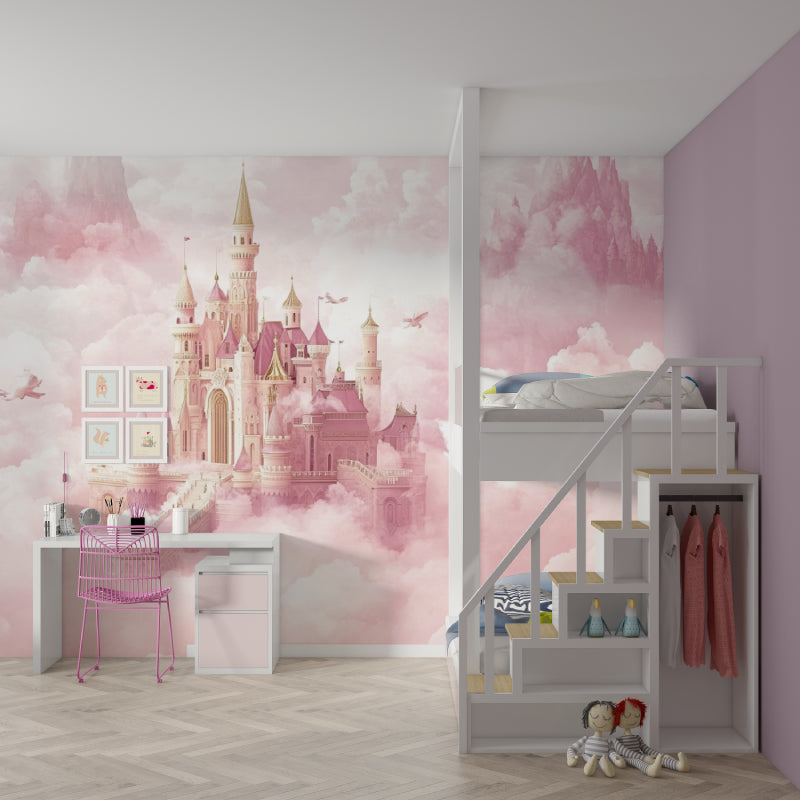 Fairy tale castle wallpaper installed in children's bedroom showing full wall impact